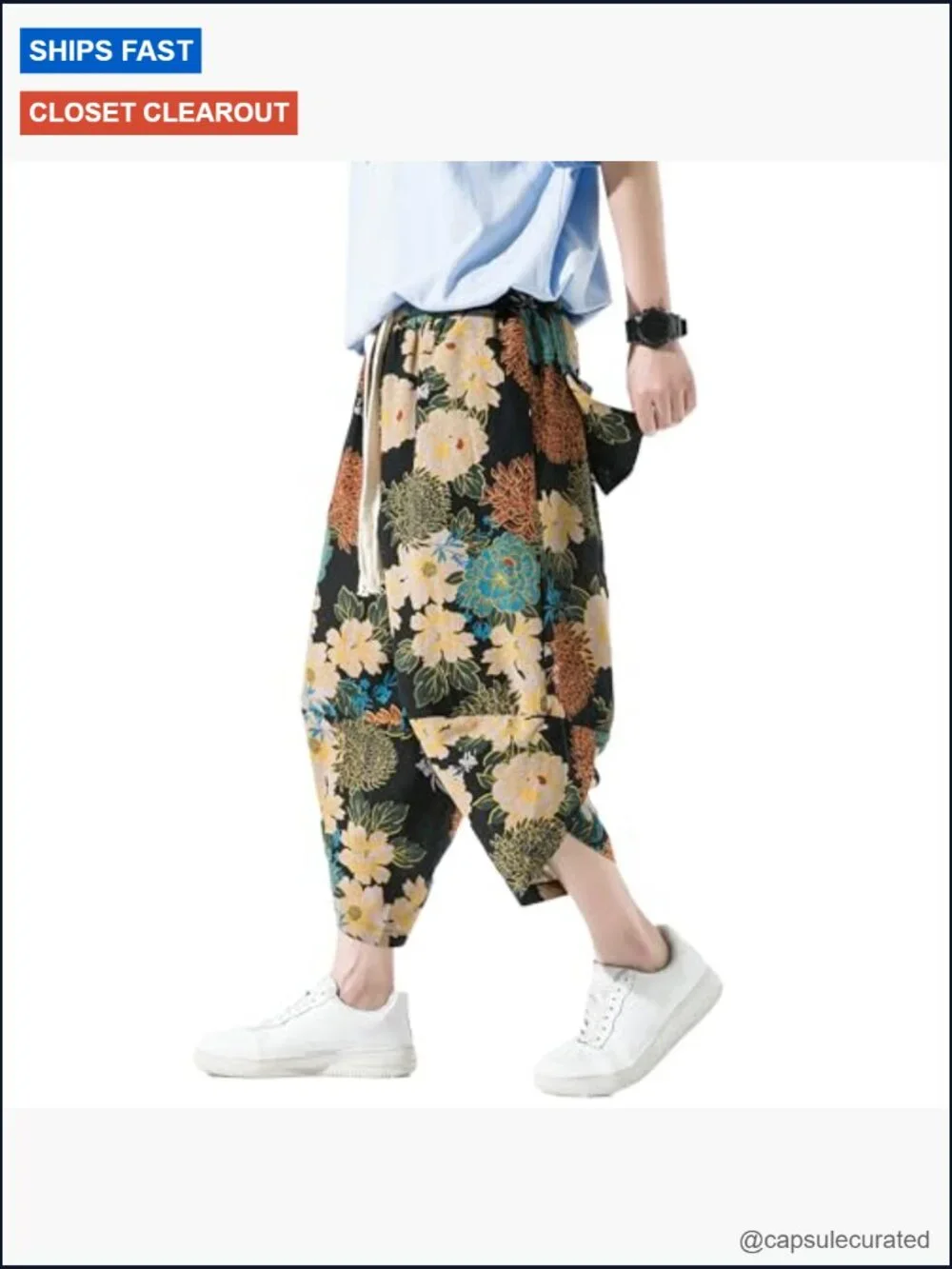 Men's Casual Wide Leg Baggy Harem Capri Pants Linen Summer Beach